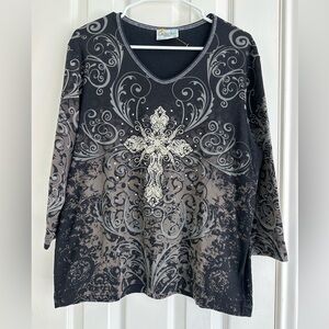 NWOT Vintage Cactus Bay Artsy Cross Floral Shirt size XXL. Black Gray. Sequins.